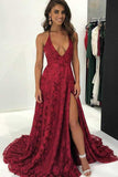 A-Line Halter Sweep Train Burgundy Prom Dress with Split,DS156-Daisybridals