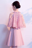 A-line High Neck Satin Pink Homecoming Dress Party Dress,DH142-Daisybridals