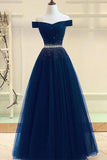 A-line Off The Shoulder Navy Blue Prom Dress With Beading,DS146-Daisybridals