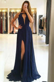 A-Line Round Neck Navy Blue Chiffon Prom Dress with Split,DS196-Daisybridals