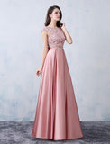 A-line Scoop Satin Applique Modest Pink Long Prom Dress,DS170-Daisybridals