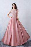 A-line Scoop Satin Applique Modest Pink Long Prom Dress,DS170-Daisybridals