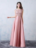A-line Scoop Satin Applique Modest Pink Long Prom Dress,DS170-Daisybridals