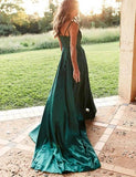 A-line Simple Satin Green Straps Long Prom Dress with Split,DS176-Daisybridals