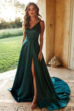 A-line Simple Satin Green Straps Long Prom Dress with Split,DS176-Daisybridals