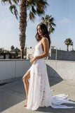 A-line Spaghetti Strap White Lace Chiffon Beach Wedding Bridal Dresses WD290 - Pgmdress