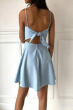 A-Line Spaghetti Straps Light Blue Satin Homecoming Dress,DH171-Daisybridals