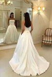 A-line Strapless Open Back Satin Ivory Wedding Dress with Pockets WD395 - Pgmdress