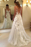 A-Line V-neck Backless Sweep Train Wedding Dress with Appliques,DW050-Daisybridals