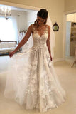 A-Line V-neck Backless Sweep Train Wedding Dress with Appliques,DW050-Daisybridals