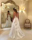A-Line V-neck Backless Sweep Train Wedding Dress with Appliques,DW050-Daisybridals