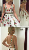 A Line V Neck Ivory Lace Prom Dress Embroidery Printed Evening Dress, DS126-Daisybridals