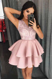 A-Line V-Neck Tiered Pink Homecoming Short Prom Dress,DH163-Daisybridals
