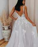 V Neck Tulle Lace Appliques Romantic Wedding Dress Bridal Gown,DW054-Daisybridals