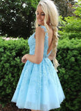 Appliques Beaded Sleeveless A Line Tulle Blue Homecoming Dresses,DH170-Daisybridals