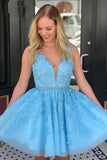 Appliques Beaded Sleeveless A Line Tulle Blue Homecoming Dresses,DH170-Daisybridals