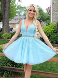 Appliques Beaded Sleeveless A Line Tulle Blue Homecoming Dresses,DH170-Daisybridals