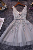 Sleeveless Lace-up Grey Homecoming Dress Lace Appliques,DH184-Daisybridals
